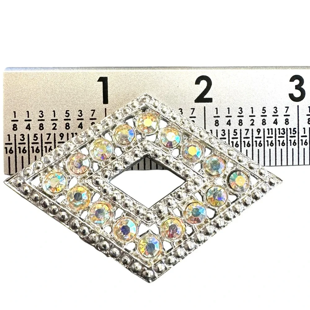 VTG Aurora Borealis Silvertone Brooch Diamond Shape‎ AB Rhinestone Pin 1950s MCM